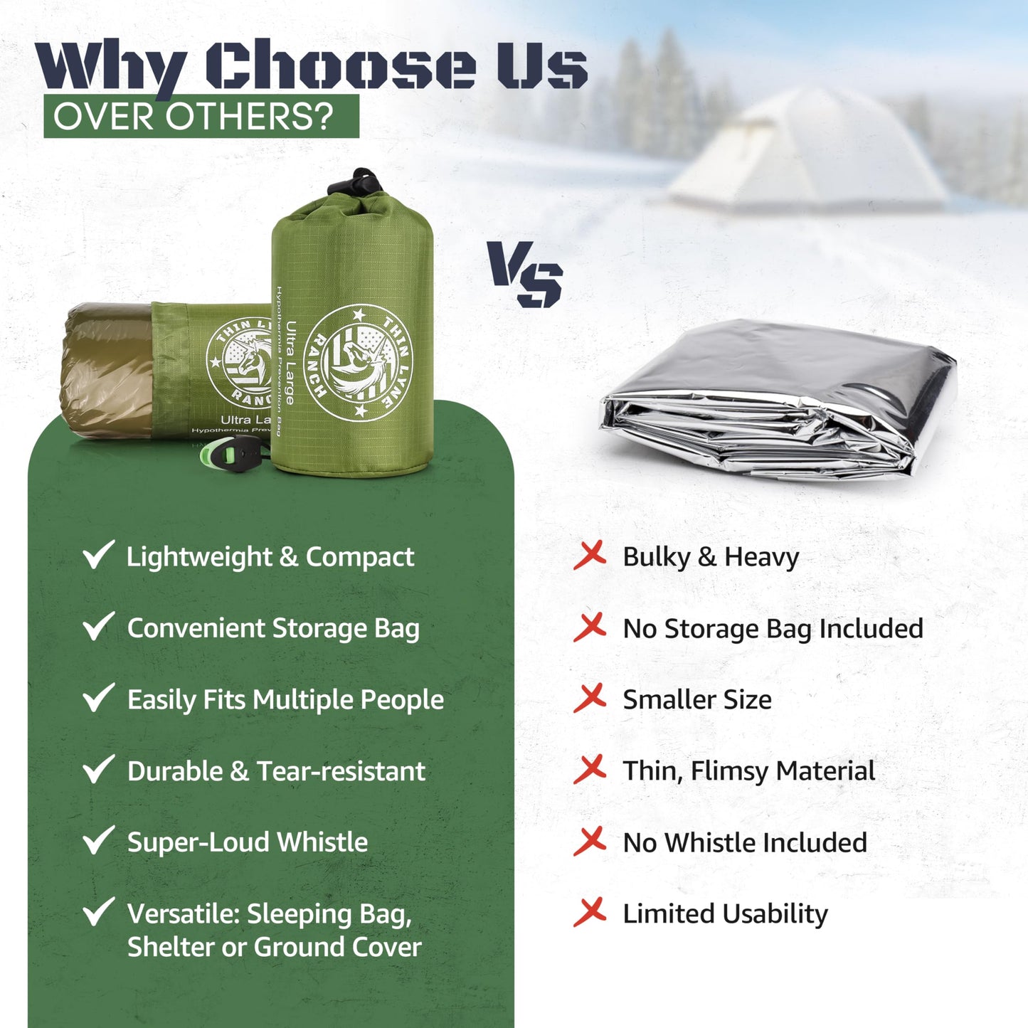 ThinLyneRanch Ultra-Large Waterproof Emergency Sleeping Bag for Survival - Hypothermia Prevention & Shelter - Multi-Person Bivvy Sack - Ideal Survival Gear, Emergency Bivy Camping Essentials (Green)