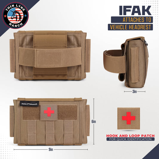 ThinLyneRanch Rip Away IFAK Pouch - Tactical Vehicle Headrest Trauma Kit for First Responders - Molle Pouch with Tourniquet Holder - Essential First Aid for Outdoors - Durable Rip Away Design