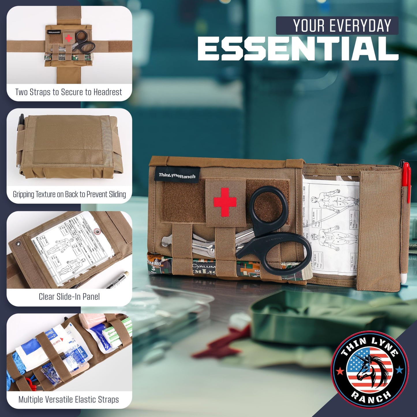 ThinLyneRanch Rip Away IFAK Pouch - Tactical Vehicle Headrest Trauma Kit for First Responders - Molle Pouch with Tourniquet Holder - Essential First Aid for Outdoors - Durable Rip Away Design