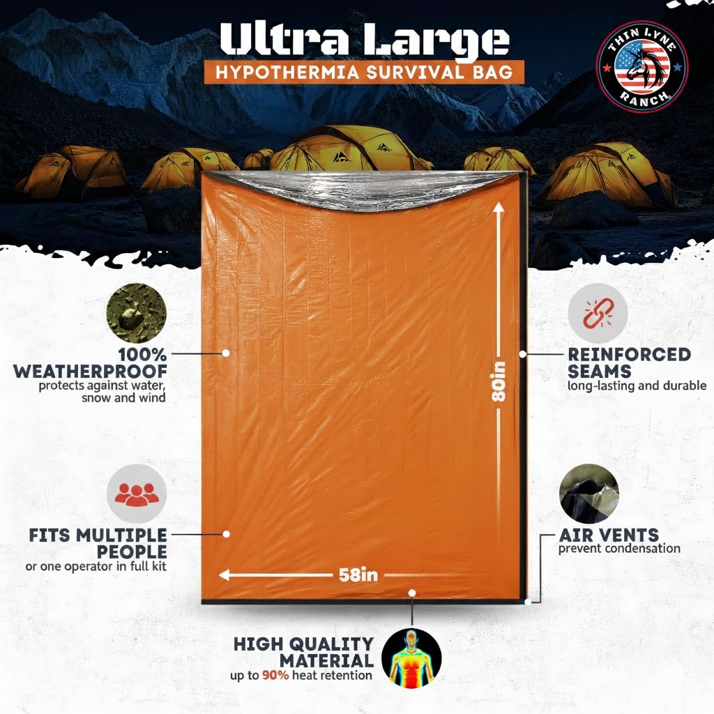 ThinLyneRanch Ultra-Large Waterproof Emergency Sleeping Bag for Survival - Hypothermia Prevention & Shelter - Multi-Person Bivvy Sack - Ideal Survival Gear, Emergency Bivy Camping Essentials (Orange)