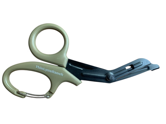 Tactical Trauma Shears with Oxygen Key – Compatible with ThinLyneRanch Tactical Headrest IFAK – Heavy-Duty EMT & First Responder Scissors, Stainless Steel Blades, Blunt-Tip Safety, Carabiner Clip – Military-Grade Medical Shears - FDE