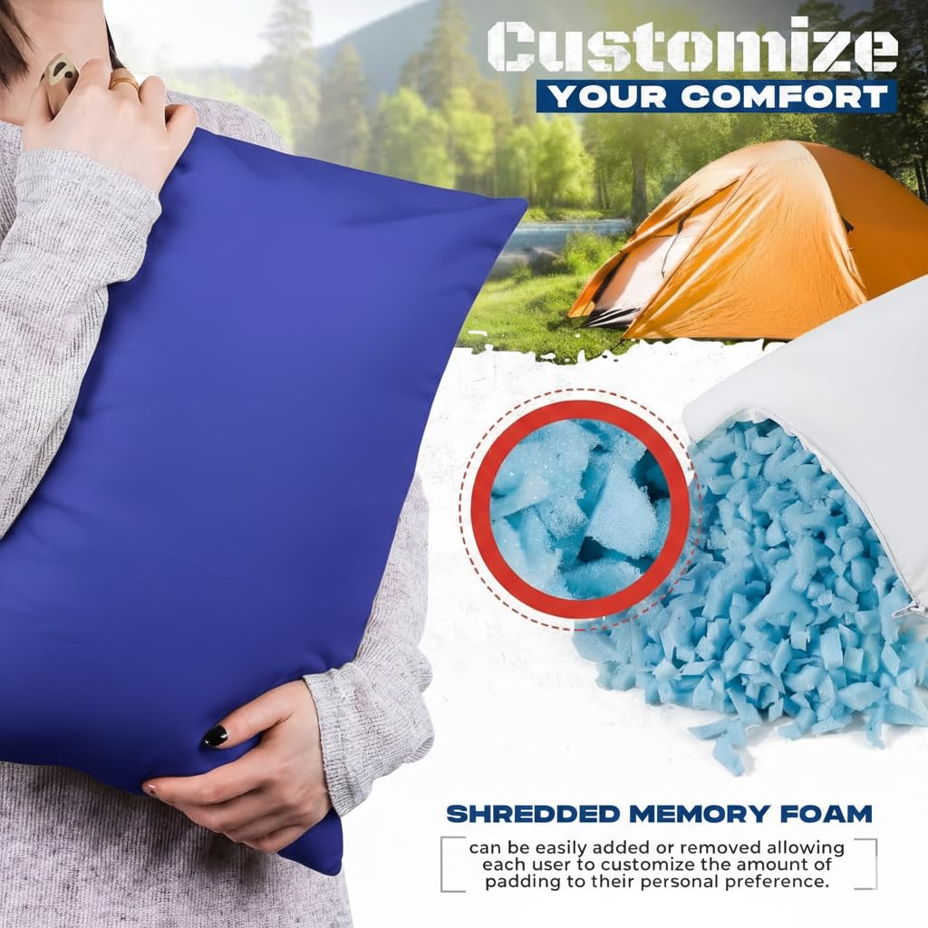 ThinLyneRanch Therapeutic Camping Travel Pillow – Shredded Small Memory Foam Pillow for Deployments, Airplanes, and Car Trips – Ideal Size for Sleeping, Backpacking, Portable Camp Gear - Blurple Color
