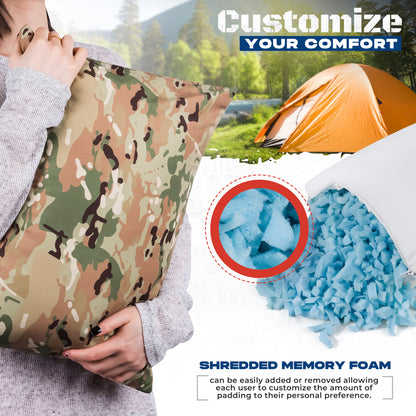 Therapeutic Camping Travel Pillow - Shredded Memory Foam Small Pillow for Deployments, Airplanes, Car Trips - Ideal Travel Size Pillow for Sleeping, Backpacking, and Portable Camp Gear